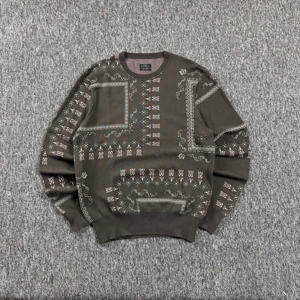 Preppy AllSaints Compton Crew Paisley Bandana Knit Sweater Brown Medium Designer